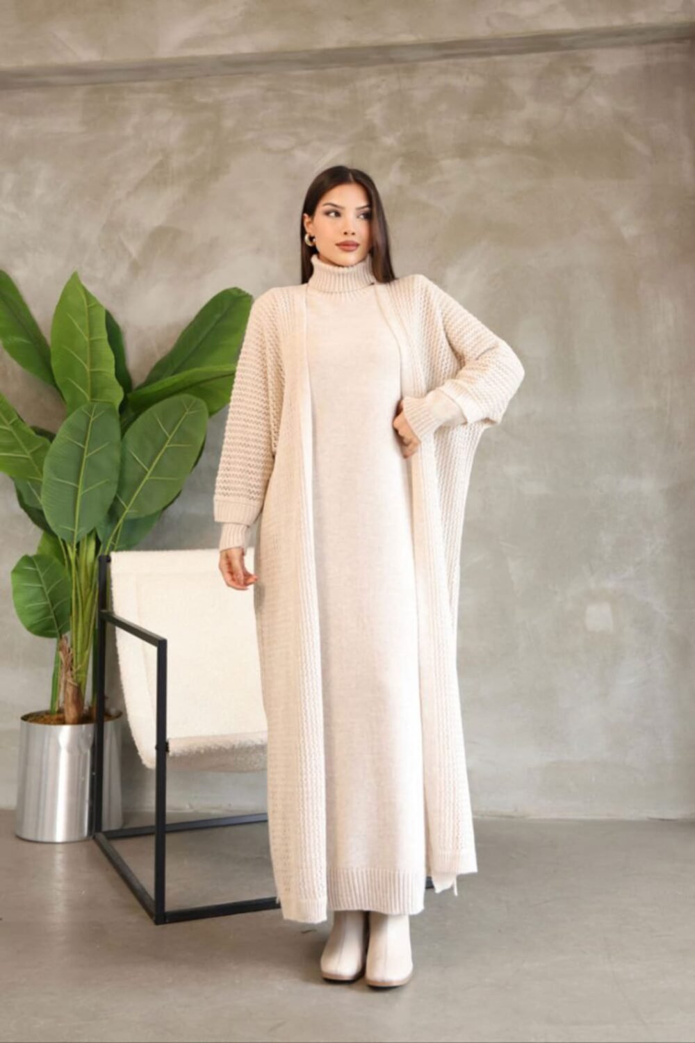 Women's Stone Turtleneck Long Sleeve Knit Dress and Long Cardigan Hijab Top and Bottom Knitwear Set - Image 2
