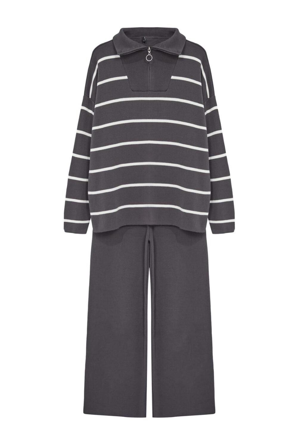 Anthracite Wide-Cut Zippered Knitwear Top-Bottom Set - Image 6