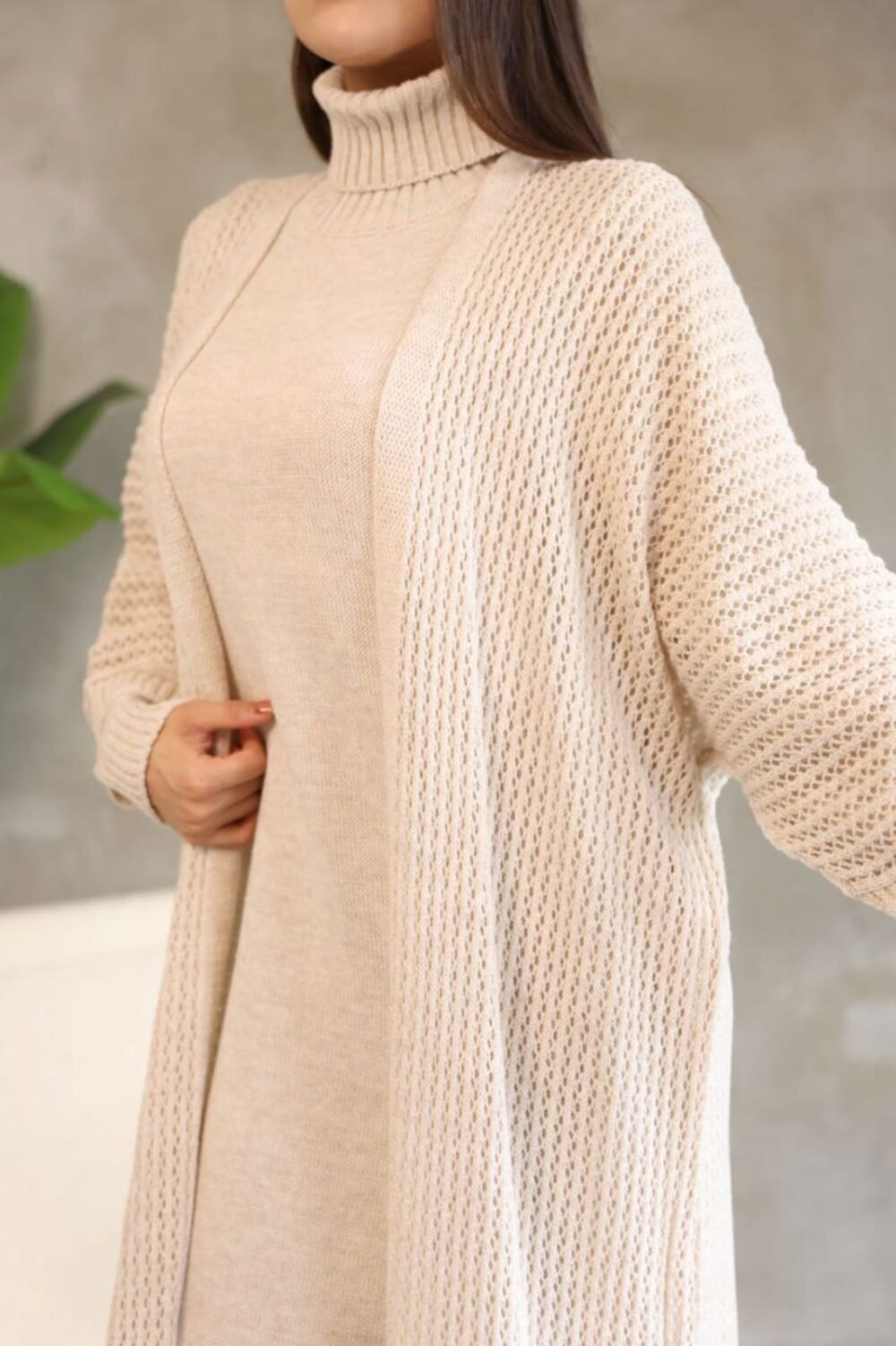 Women's Stone Turtleneck Long Sleeve Knit Dress and Long Cardigan Hijab Top and Bottom Knitwear Set - Image 4