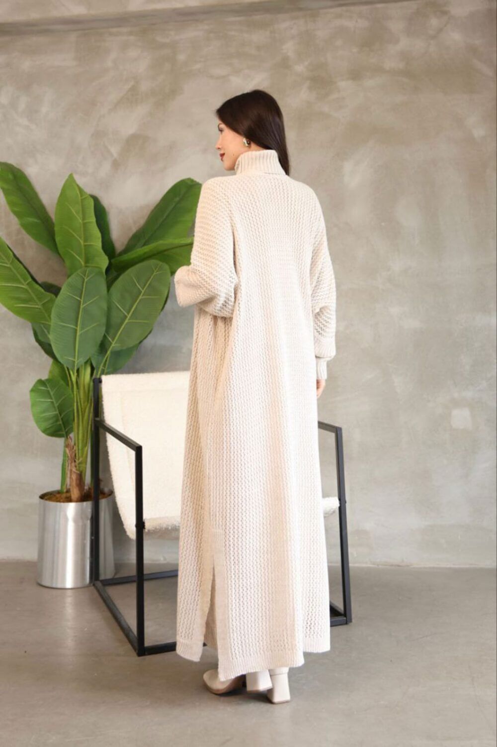 Women's Stone Turtleneck Long Sleeve Knit Dress and Long Cardigan Hijab Top and Bottom Knitwear Set - Image 6