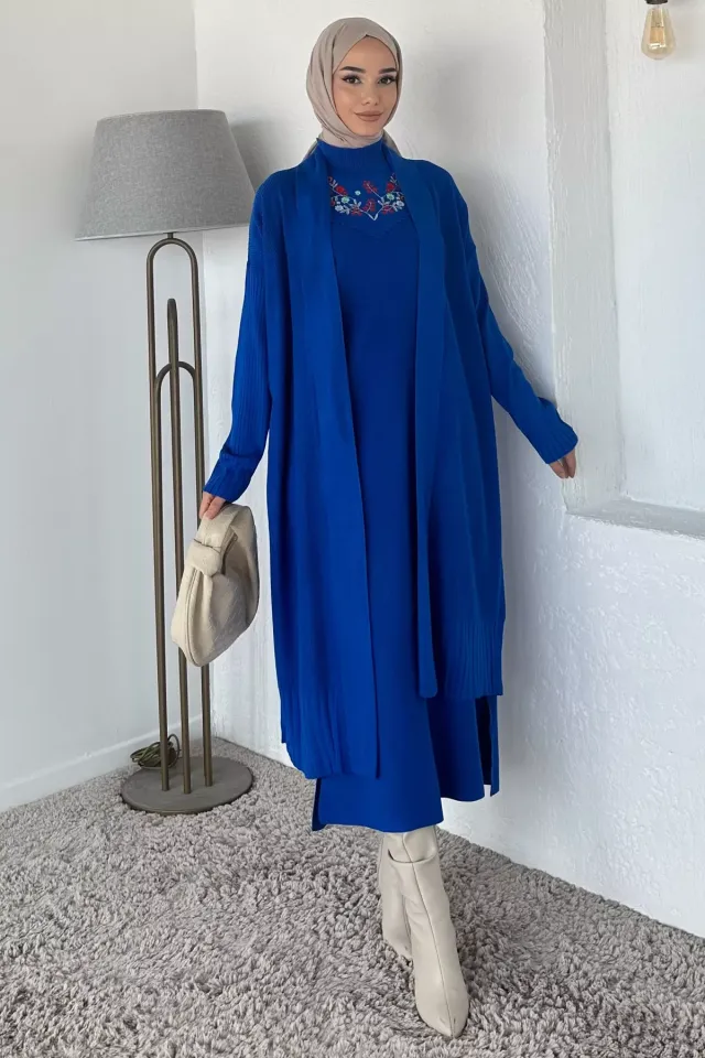 Women's Embroidered Knitwear Dress Cardigan Hijab Two Piece